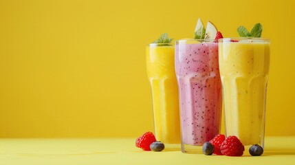 Healthy smoothies with fruits and vegetables of different colors on a yellow background close-up, copy space. Vegetarian diet healthy low calorie drinks