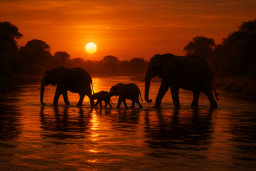 elephants at sunset in africa