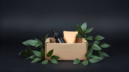 Natural cosmetic products in eco-friendly box with green leaves

