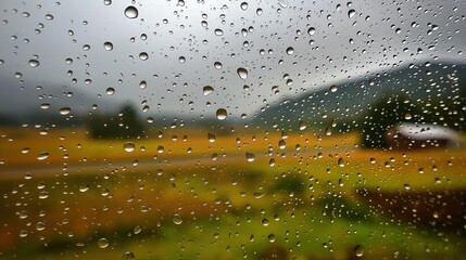 Raindrops on window with blurred forest landscape, minimalist phone wallpaper for calm mood and aesthetic background