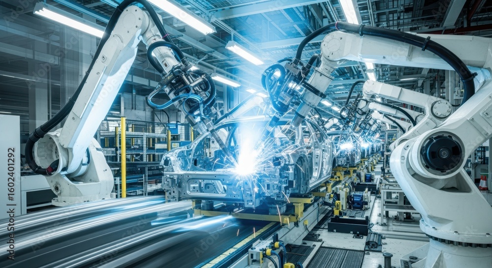 Poster high speed car manufacturing process featuring automated robotics and assembly line technology.