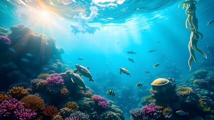 Fototapeta premium This mesmerizing image immerses viewers in a serene and magical underwater realm, evoking a sense of wonder and tranquility.