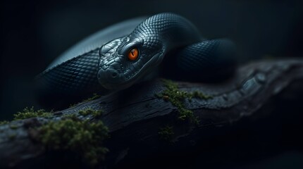 Close-up of black snake with orange eye on tree branch in darkness

