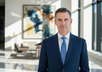 Businessman suit tie office professional confident executive modern corporate leadership appear in this of mature man standing in bright office with abstract art