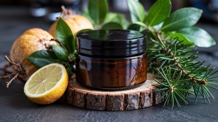 Glass jar of dried herbs or roots placed on a rustic wood slice, surrounded by tropical fruits and greenery, ideal for wellness, natural healing, or botanical themes.