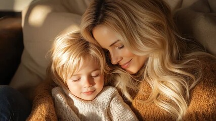 Mother and Child: A mother shares a tender embrace with her child, the warm glow of natural light illuminating their close bond of unconditional love and care, the epitome of maternal affection.