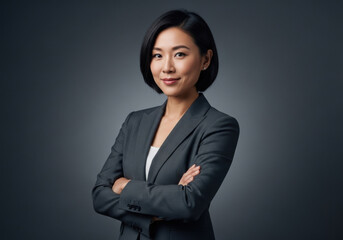 Confident professional businesswoman Asian adult suit formal portrait arms crossed leadership executive dark background studio success determination female manager corporate smart elegant