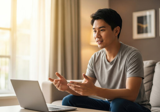Young Asian man sitting on sofa using laptop, casual home interior, natural light, smiling and gesturing while having video call or online meeting, relaxed and friendly atmosphere - Powered by Adobe