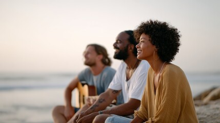 Three joyful friends sitting on the beach at sunset, soaking in the music and each other's company while enjoying their summer camping adventure by the ocean