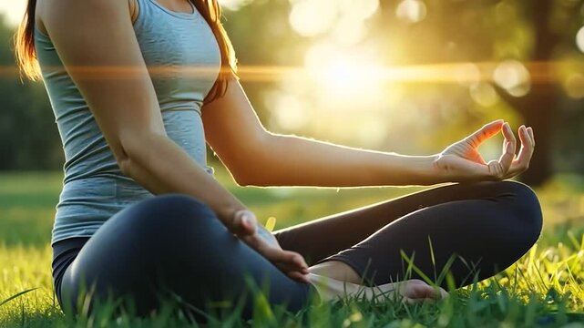 A person meditating in a serene outdoor setting during sunset. - Powered by Adobe