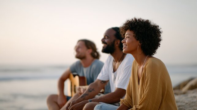 Three joyful friends sitting on the beach at sunset, soaking in the music and each other's company while enjoying their summer camping adventure by the ocean