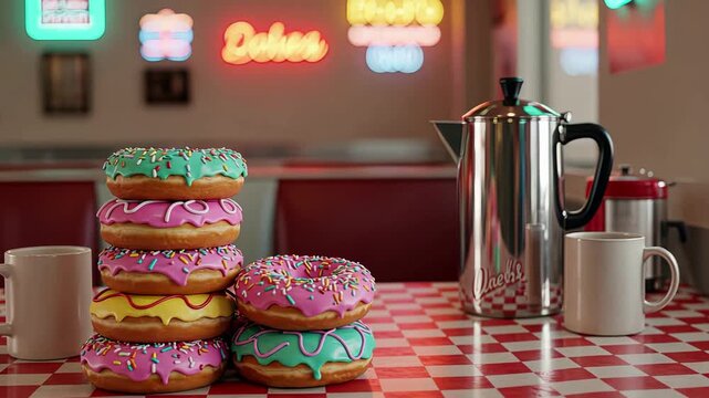 Vibrant donut stack in a retro diner with neon lights and classic decor ambience