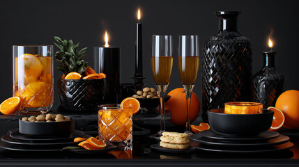 Fototapeta premium Halloween table setting with oranges and champagne