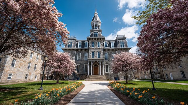 Historic old main building at penn state in spring, state college pa