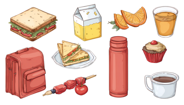 Collection of food and drink items including a sandwich juice box fries and a backpack isolated on transparent background