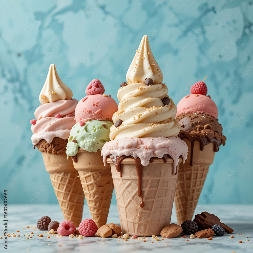 Poster a realistic ice cream collection featuring various flavors and textures in cones and cups, highlight