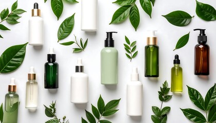 Skincare products arranged with green leaves