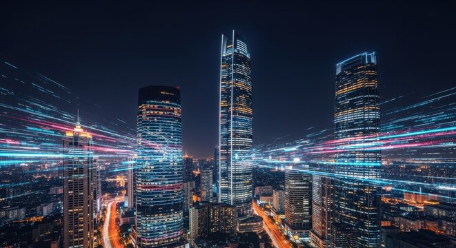 Nighttime city visualization with illuminated highrises and dynamic data streams.