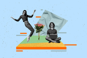 Pop template collage of people having flowers bunch use netbook on blue color background