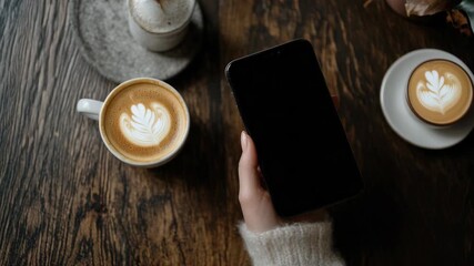 A person holding a smartphone with a blank screen in a cozy coffee shop environment. The focus is on the interaction with technology and connectivity. - Powered by Adobe