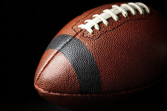 Close-up of an American football against a black background, showcasing its textured leather, laces, and dark stripes - Powered by Adobe