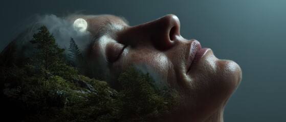 Dreamy sleep with moonlit forest double exposure