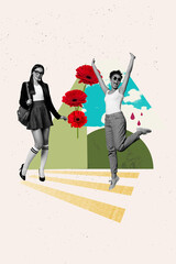 Pop image collage of people having red flowers having fun on white background with figures
