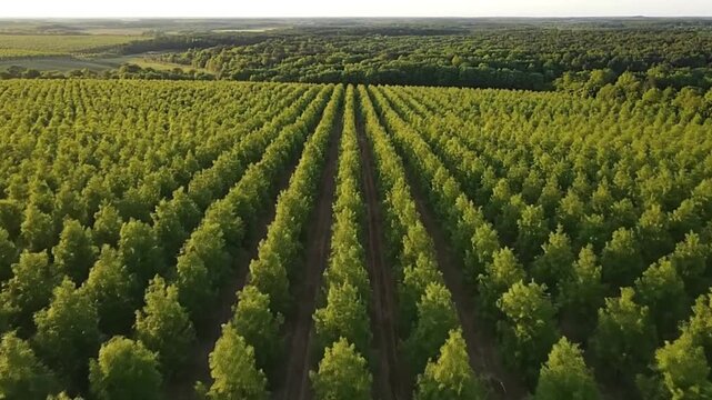 Dense tree plantation with straight rows creating a structured green landscape