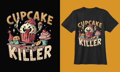 Spooky cupcake killer monster character design with a creepy cartoon aesthetic for t shirt graphics