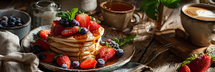 A Cozy Morning Delight: Pancakes, Fresh Fruits, and Aromatic Coffee for the Perfect Breakfast Indulgence