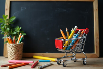 Back to school blackboard with School supplies in mini shopping cart on the table.