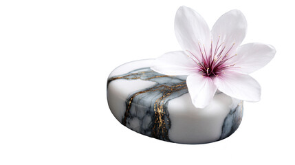 A marble-like soap with pink cherry blossom flower on a transparent background,  concept for spa and wellness. A beautiful handmade soap in a white color.