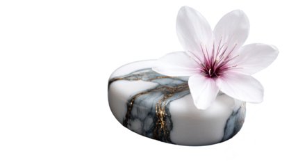 A marble-like soap with pink cherry blossom flower on a transparent background,  concept for spa and wellness. A beautiful handmade soap in a white color.