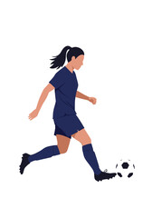 Female soccer player kicking ball in motion on white background  