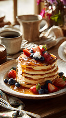 A Cozy Morning Delight: Pancakes, Fresh Fruits, and Aromatic Coffee for the Perfect Breakfast Indulgence