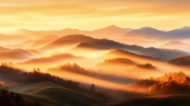 Mountain Serenity at Dawn: The sun's gentle caress paints a mesmerizing tableau of mountain layers swathed in soft mist, embodying the calm and serenity of a perfect dawn. 