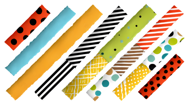 Collection of colorful diagonal ribbons with diverse patterns isolated on transparent background