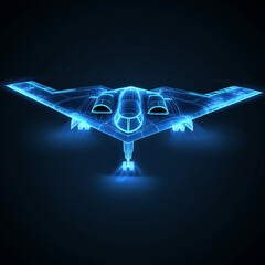 front view of B2 Spirit Stealth Bomber wireframe 3D model, black background, stylised