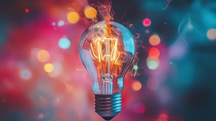 Creative Lighting: A classic incandescent light bulb surrounded by colorful particle flares - the perfect poster for art spaces and modern interiors