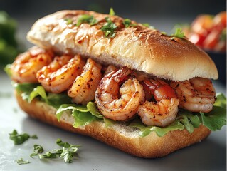 Grilled Shrimp Po' Boy Sandwich on French Bread with Lettuce
