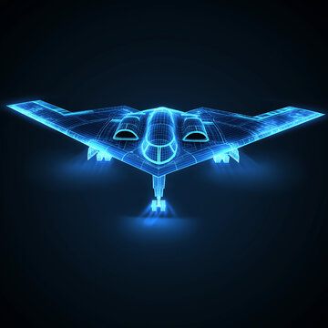 front view of B2 Spirit Stealth Bomber wireframe 3D model, black background, stylised