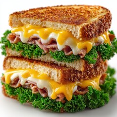 Stacked Grilled Cheese Sandwich with Ham and Fresh Greens on White