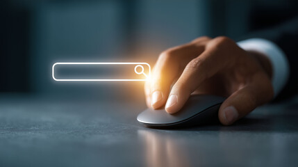 Hand using computer mouse near glowing search bar technology