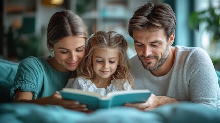 Happy Family Reading a Book on the Sofa Together