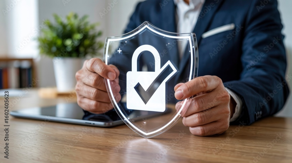 Poster businessman holding transparent shield with lock and checkmark icon, representing data security and