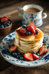 A Cozy Morning Delight: Pancakes, Fresh Fruits, and Aromatic Coffee for the Perfect Breakfast Indulgence