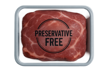 Raw beef in tray with preservative free stamp on meat surface isolated on transparent background, preservative free
