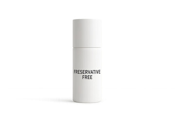 White cosmetic bottle with preservative free label standing on transparent background, preservative free