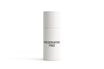 White cosmetic bottle with preservative free label standing on transparent background, preservative free