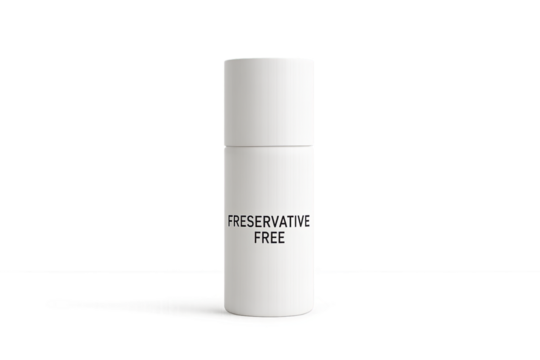 White cosmetic bottle with preservative free label standing on transparent background, preservative free